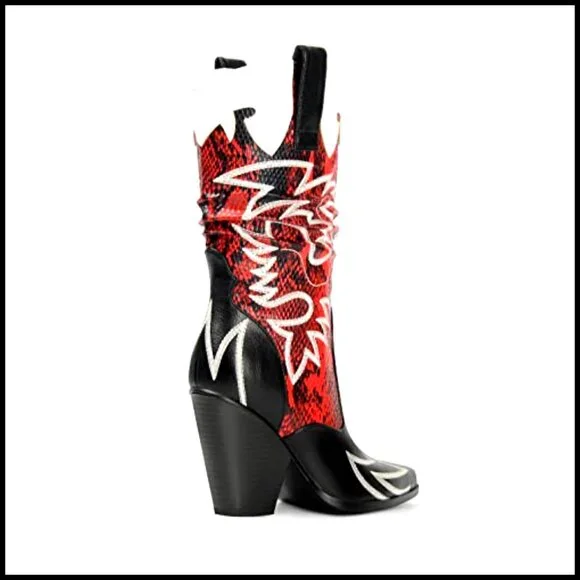 Mid Calf Cowboy Boots with Embroidery, Chunky Heel, Pointed Toe - Picture 4 of 7